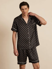 Clearance - 100% Mulberry Silk Short Sleeve Notch Collar Men's Chain Print Pajamas Set with Shorts