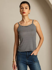 100% Mulberry Silk Spaghetti Strap Square Neck Stripe Camisole Top