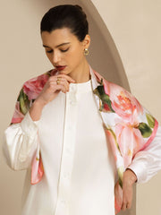100% Mulberry Silk Pink Floral Print Square Scarf - Size 90x90cm