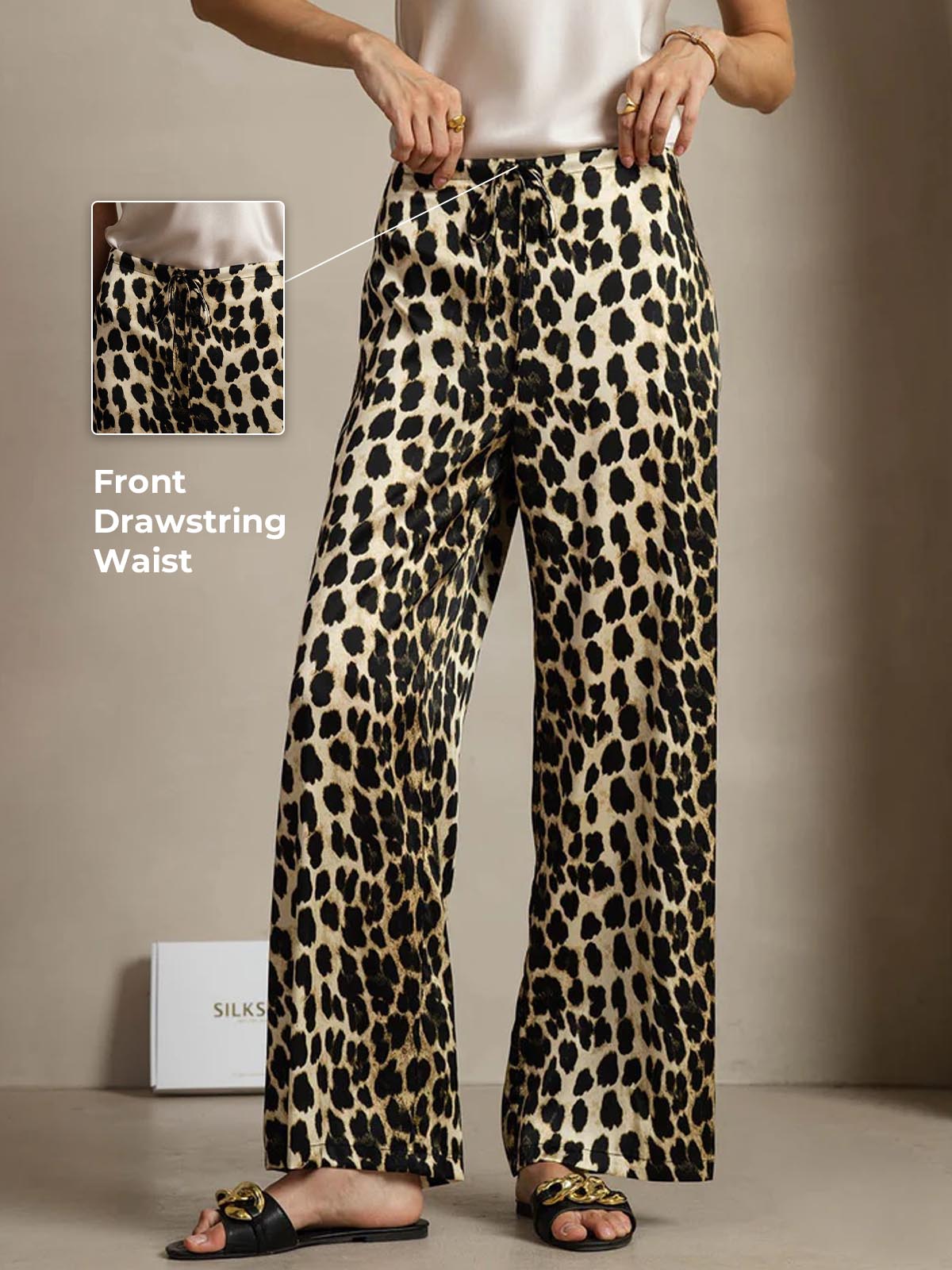 19Momme Silk Leopard Print Wide Leg Women's Pants With Side Pockets Design