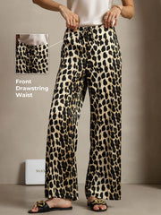 19Momme Silk Leopard Print Wide Leg Women's Pants With Side Pockets Design