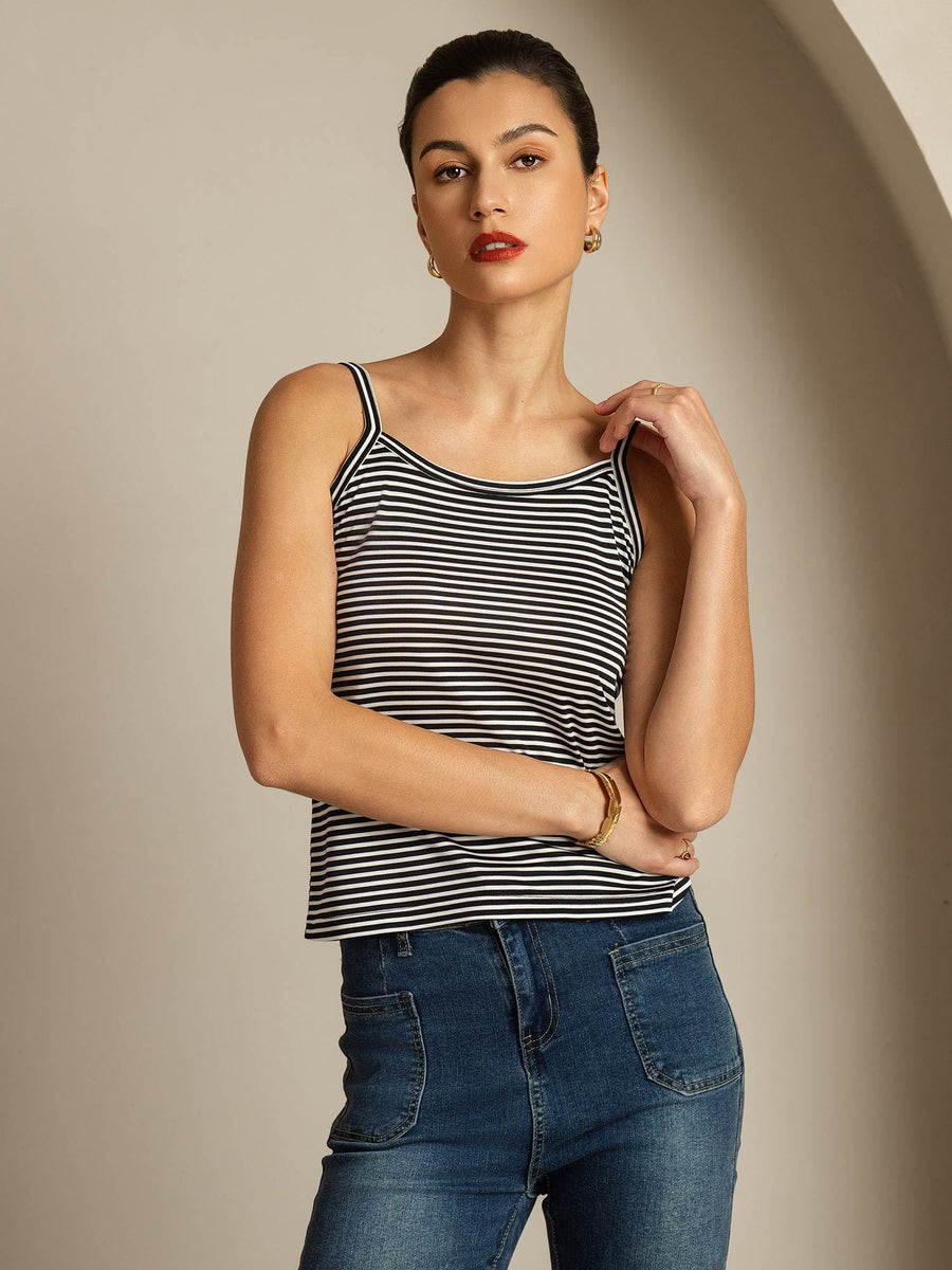 100% Mulberry Silk Spaghetti Strap Square Neck Stripe Camisole Top