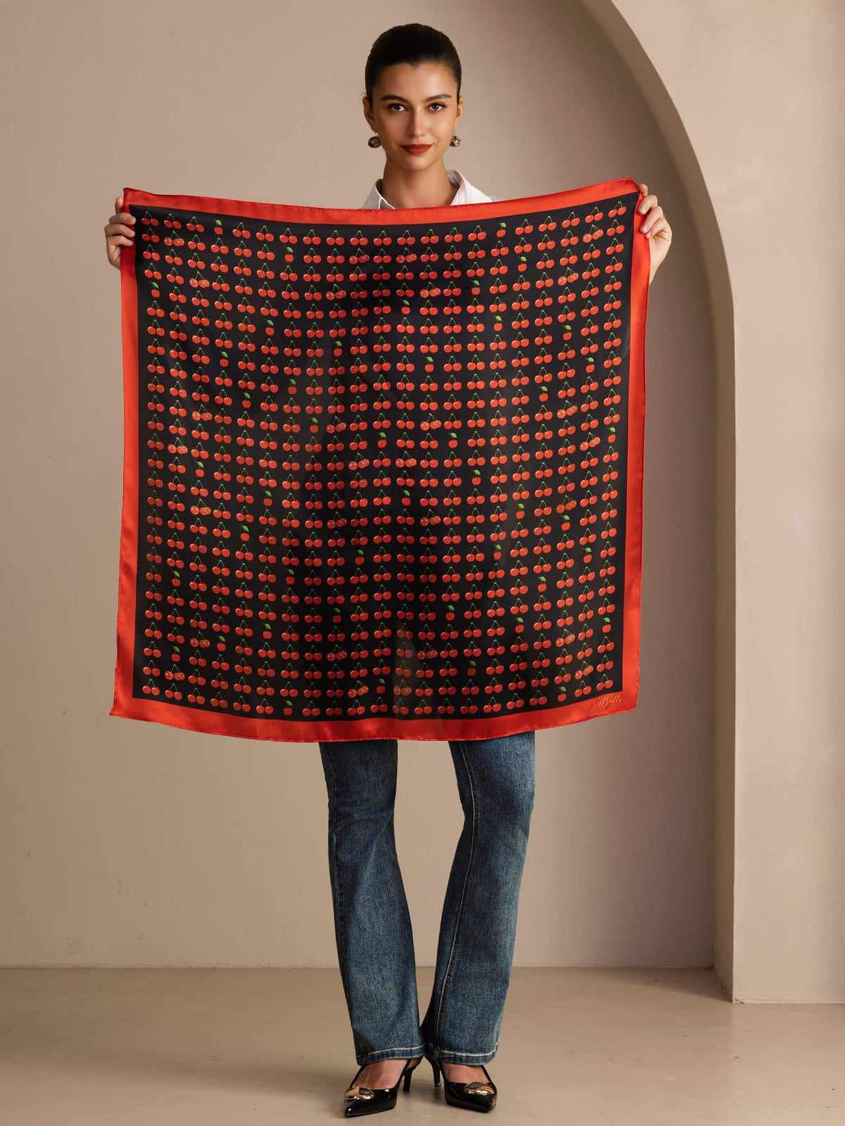 100% Mulberry Silk Cherry Pattern Scarf - Size 90x90cm