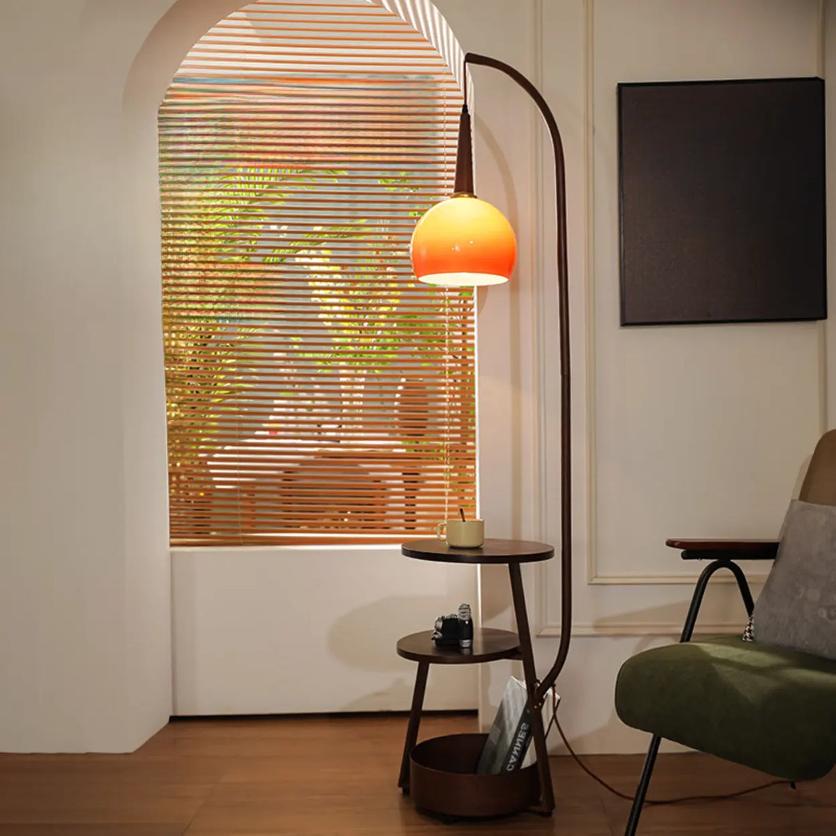 Caramel Glass Arc Floor Lamp with Shelves & Optional Charger