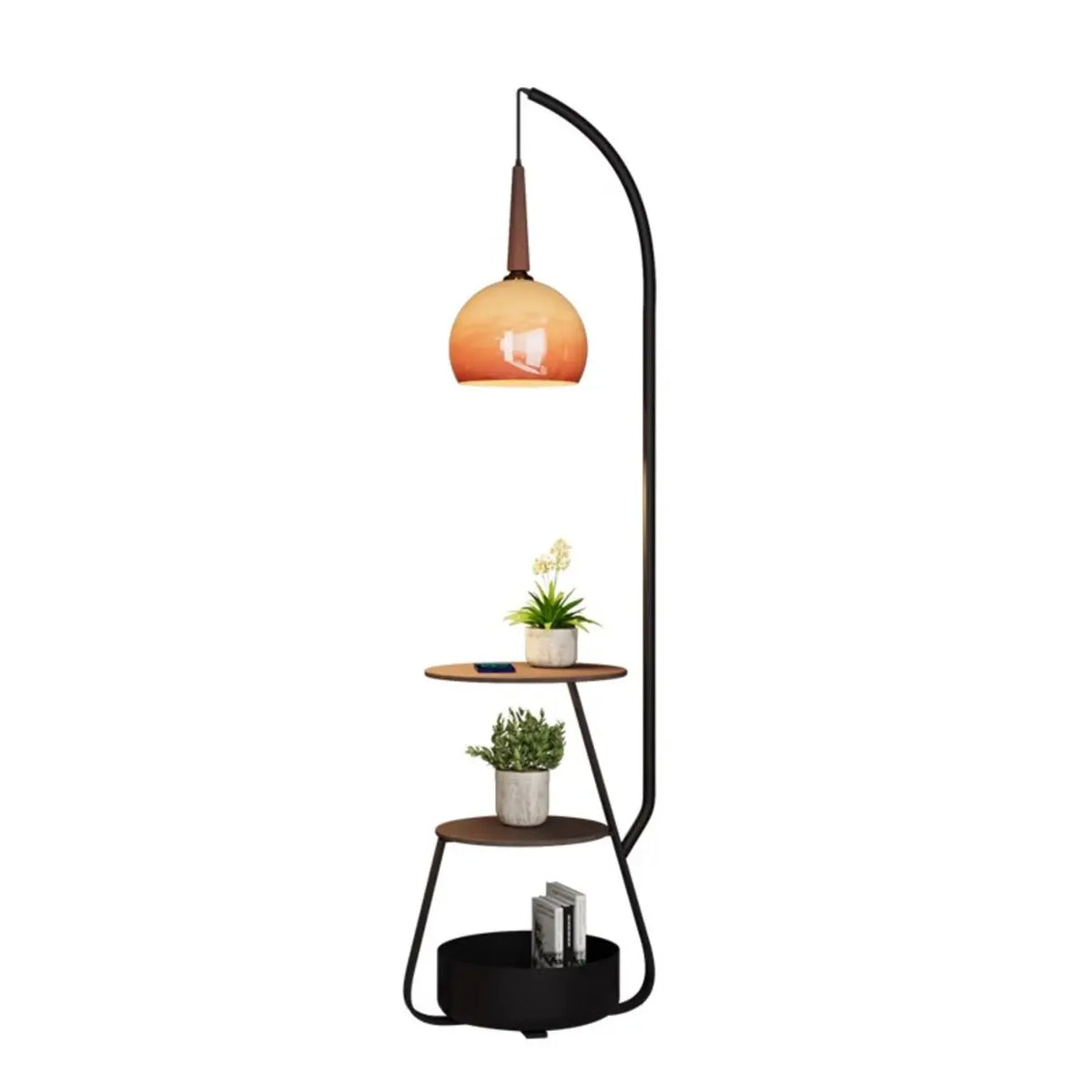 Caramel Glass Arc Floor Lamp with Shelves & Optional Charger