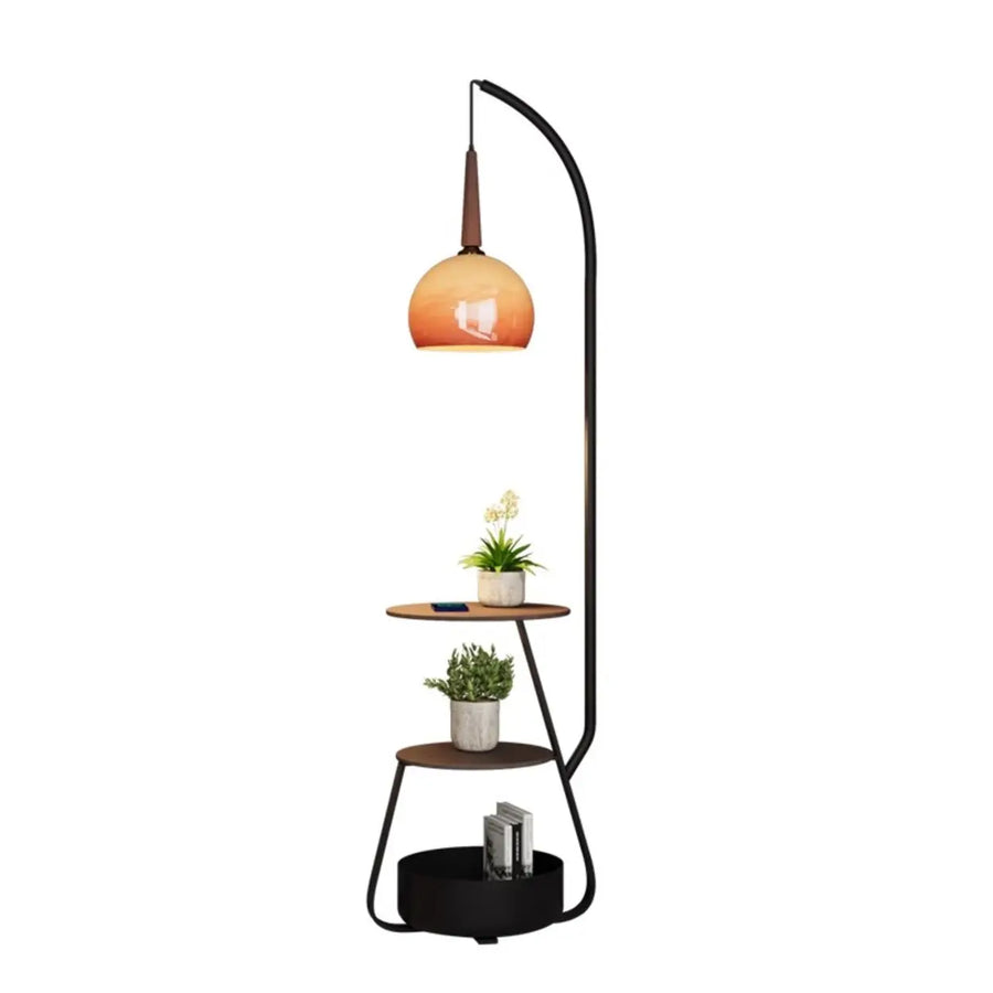 Caramel Glass Arc Floor Lamp with Shelves & Optional Charger