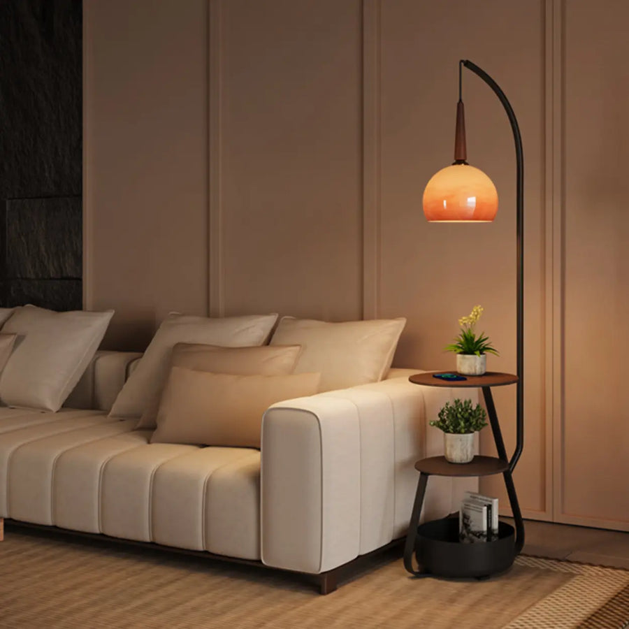 Caramel Glass Arc Floor Lamp with Shelves & Optional Charger