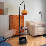 Caramel Glass Arc Floor Lamp with Shelves & Optional Charger