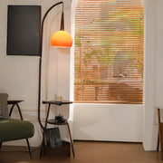 Caramel Glass Arc Floor Lamp with Shelves & Optional Charger