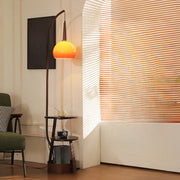 Caramel Glass Arc Floor Lamp with Shelves & Optional Charger