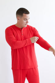 Men's Long Sleeve Henley Top in Cardinal