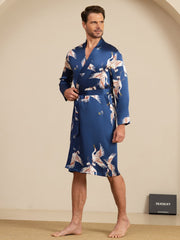 19Momme Pure Silk Men’s Knee Length Crane Printed Robe With Belted Design