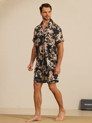 100% Mulberry Silk Men's Dragon Print  Short Sleeve Lapel Collar Pajamas Set