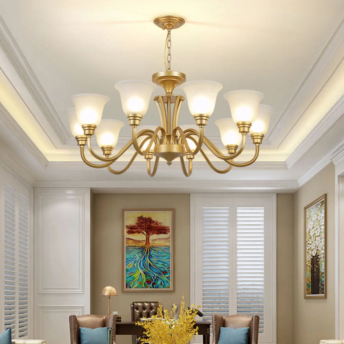 Classic Bronze Curved Arms Round Frosted Glass Chandelier