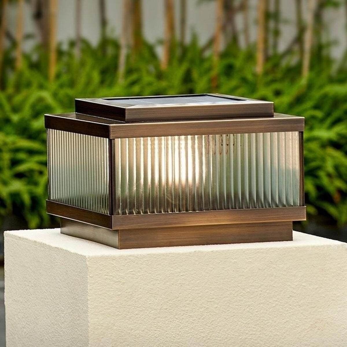 Classic Bronze Solar Ribbed Glass Outdoor Pillar Light