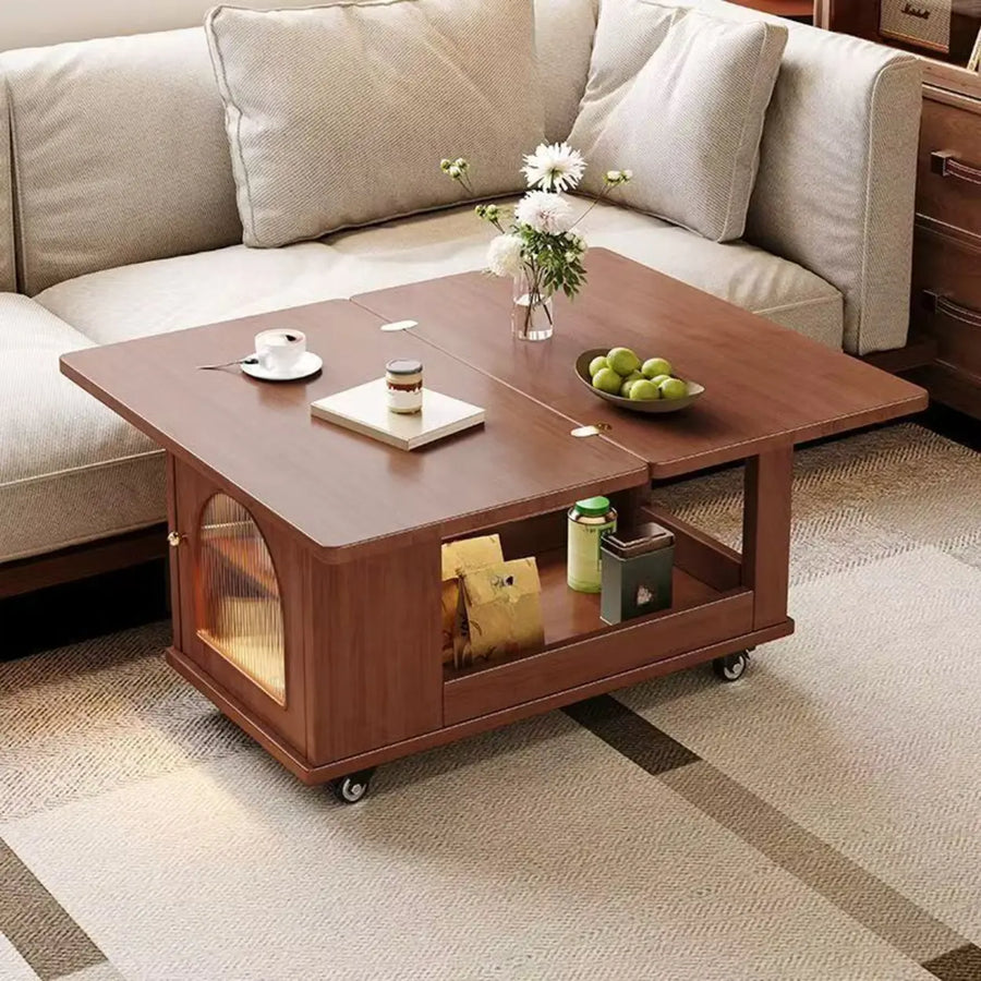 Classic Mobile Foldable Brown Wood Side Table with Storage