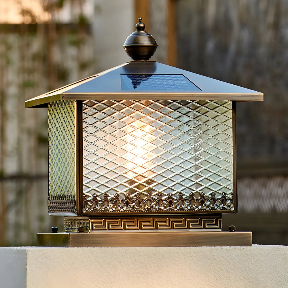 Classic Square Textured Glass Solar Post Outdoor Pillar Light