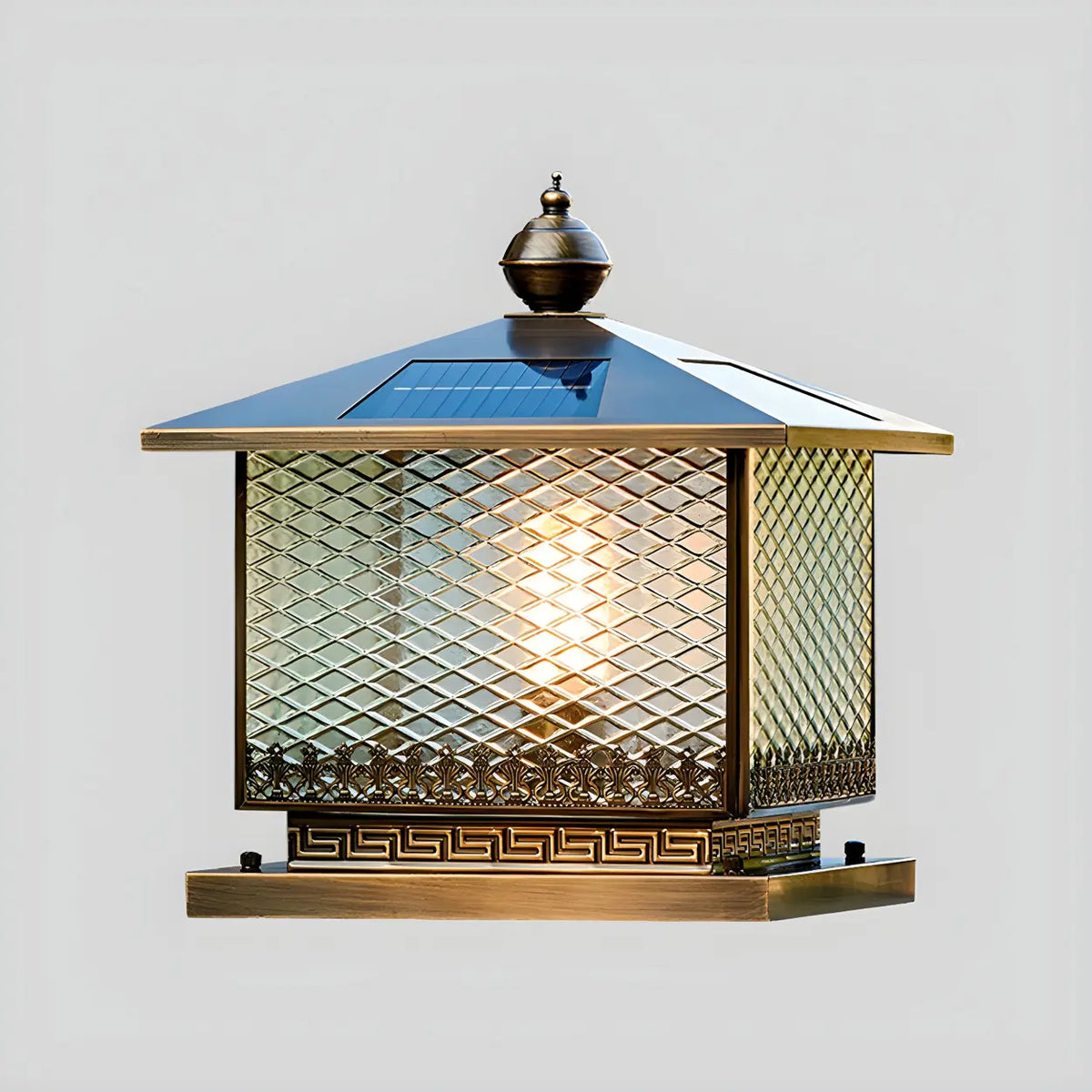 Classic Square Textured Glass Solar Post Outdoor Pillar Light