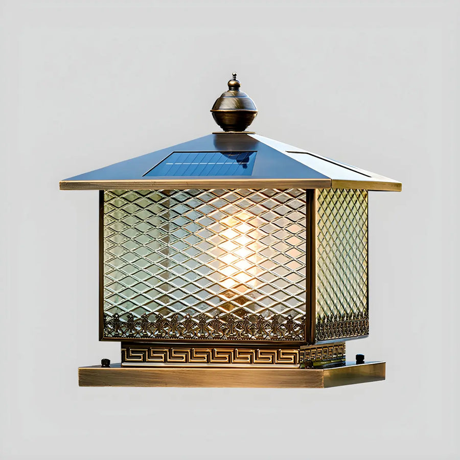 Classic Square Textured Glass Solar Post Outdoor Pillar Light