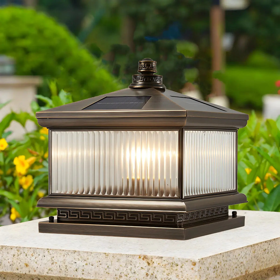 Classic Square Metal Outdoor Solar Bronze Pillar Light