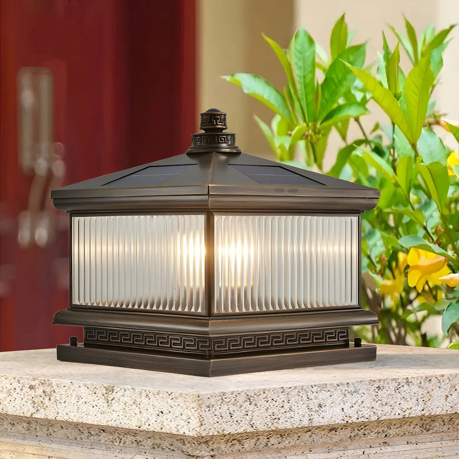 Classic Square Metal Outdoor Solar Bronze Pillar Light