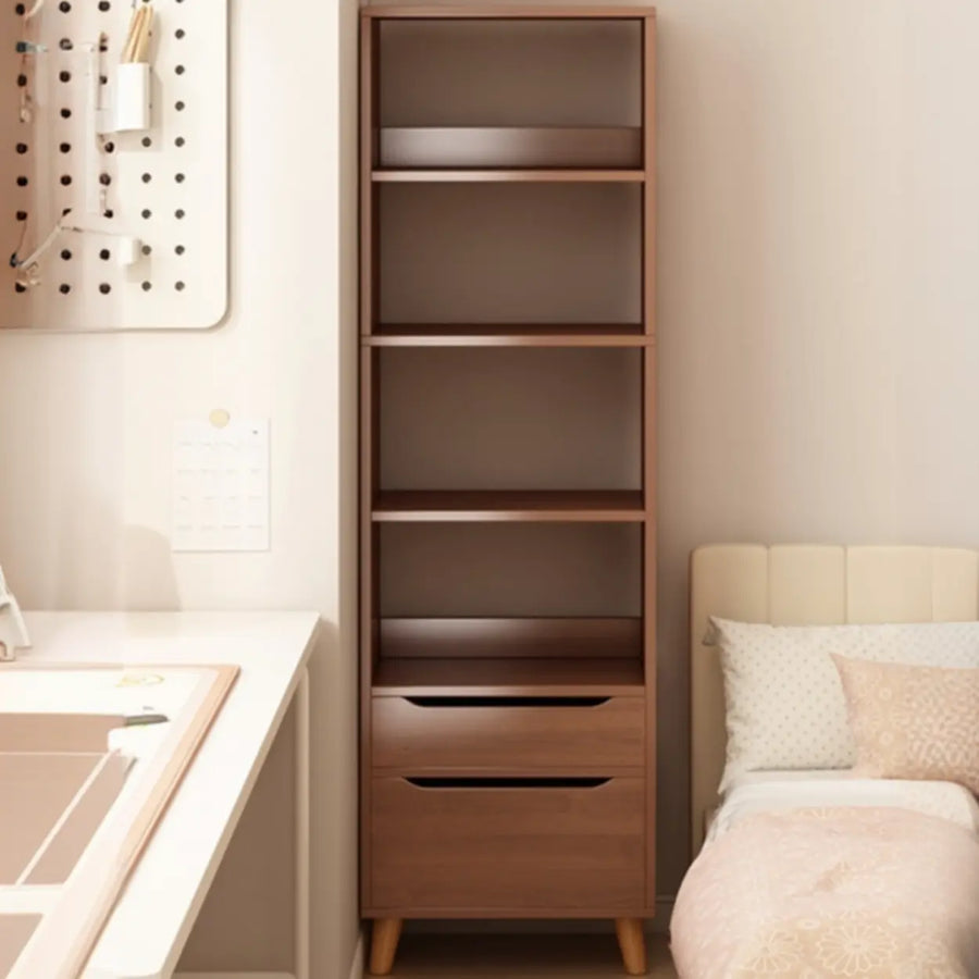 Classic Walnut Rectangular Wood Drawers Narrow Bookcase