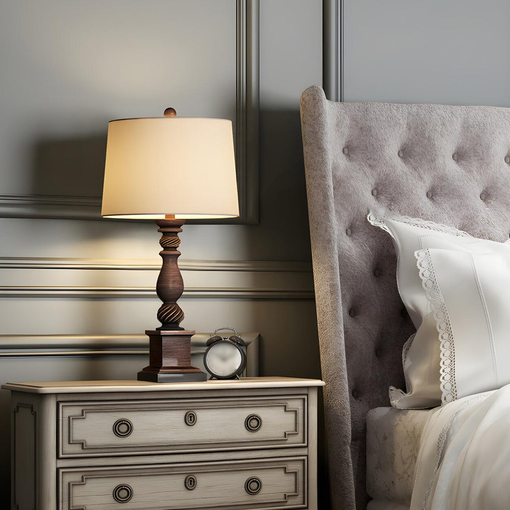 Classic White Drum Fabric Wood Base Bedside Table Lamp