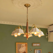 Classic Wooden Brass White Ceramic Floral Chandelier