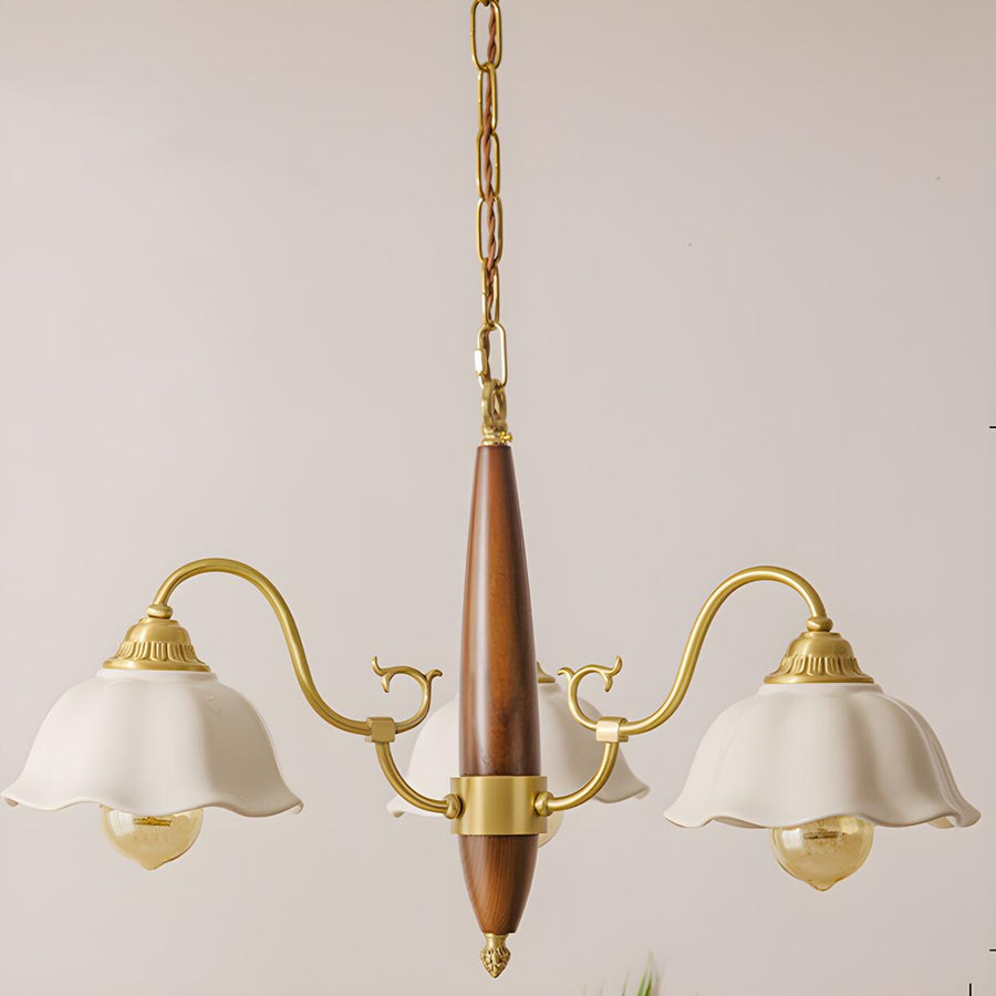 Classic Wooden Brass White Ceramic Floral Chandelier