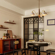 Classic Wooden Brass White Ceramic Floral Chandelier