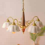 Classic Wooden Brass White Ceramic Floral Chandelier