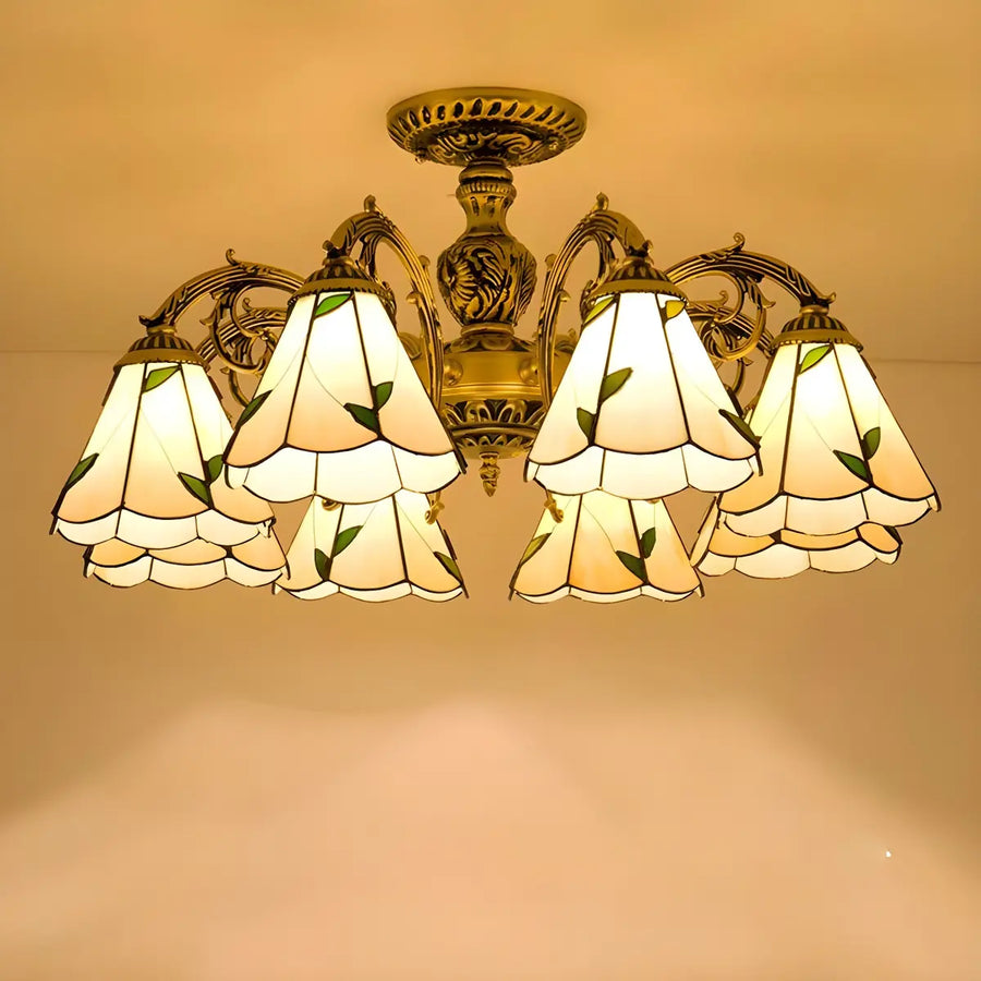 Cone Stained Glass Brass Down Living Room Chandelier