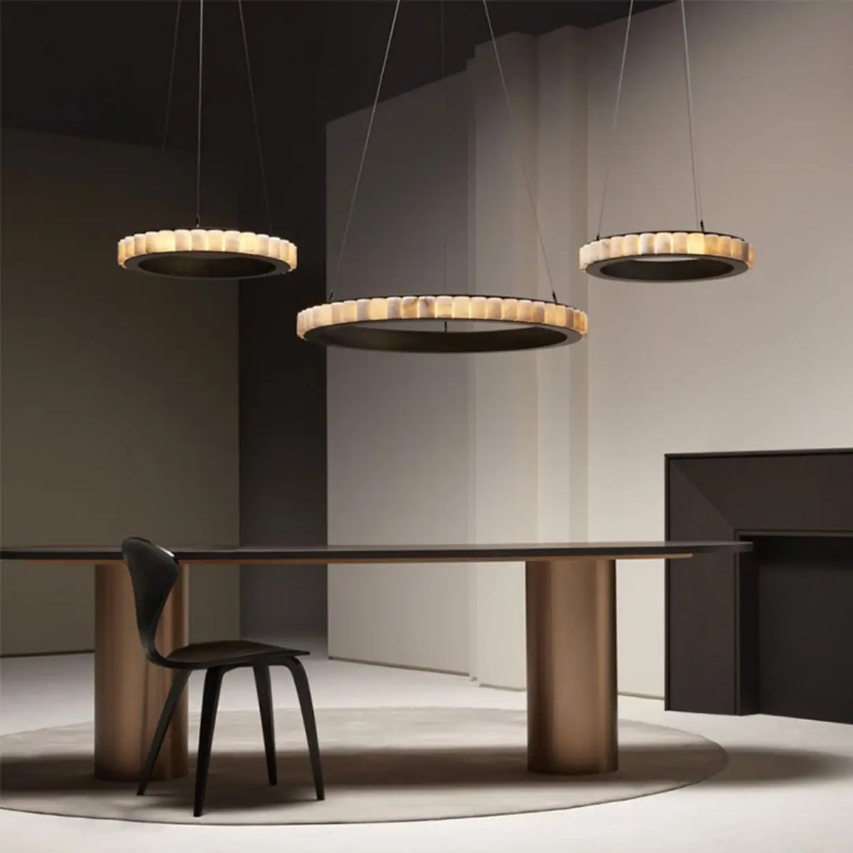 Contemporary Alabaster Circular 2 Tiers Hanging Chandelier
