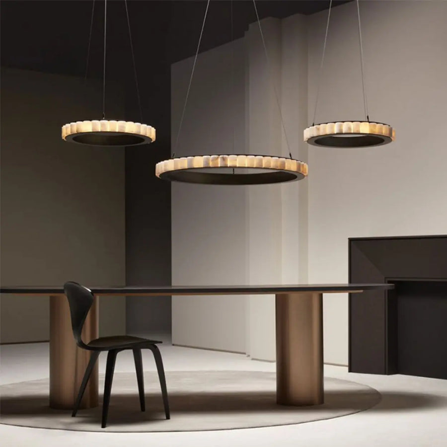 Contemporary Alabaster Circular 2 Tiers Hanging Chandelier