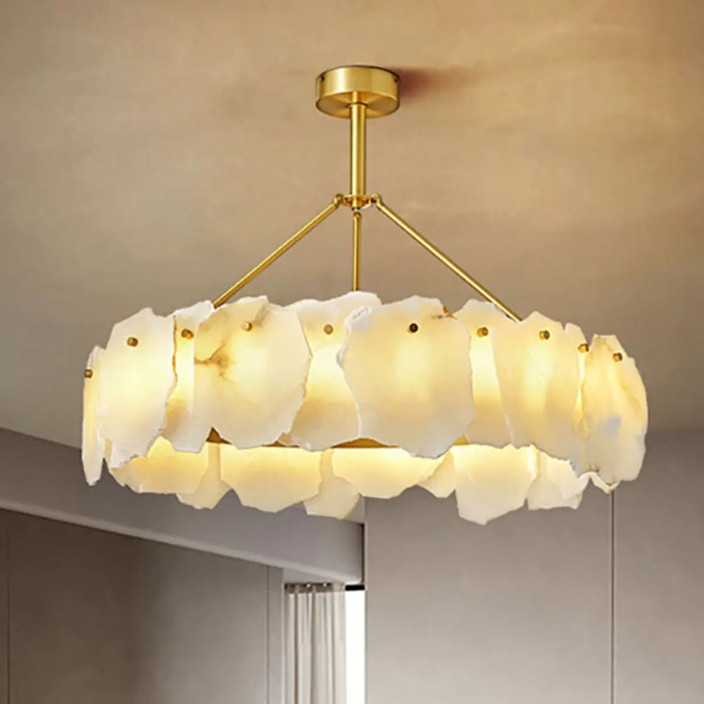 Contemporary Alabaster Petal Round Brass Chandelier