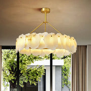 Contemporary Alabaster Petal Round Brass Chandelier