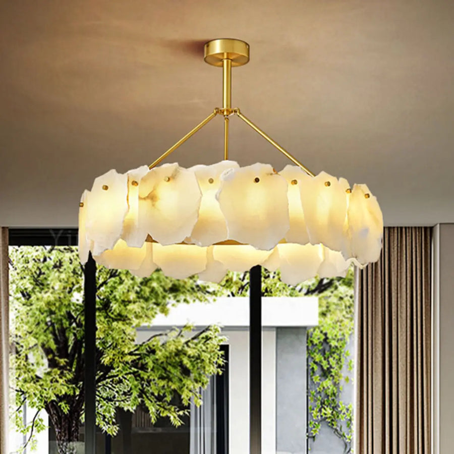 Contemporary Alabaster Petal Round Brass Chandelier