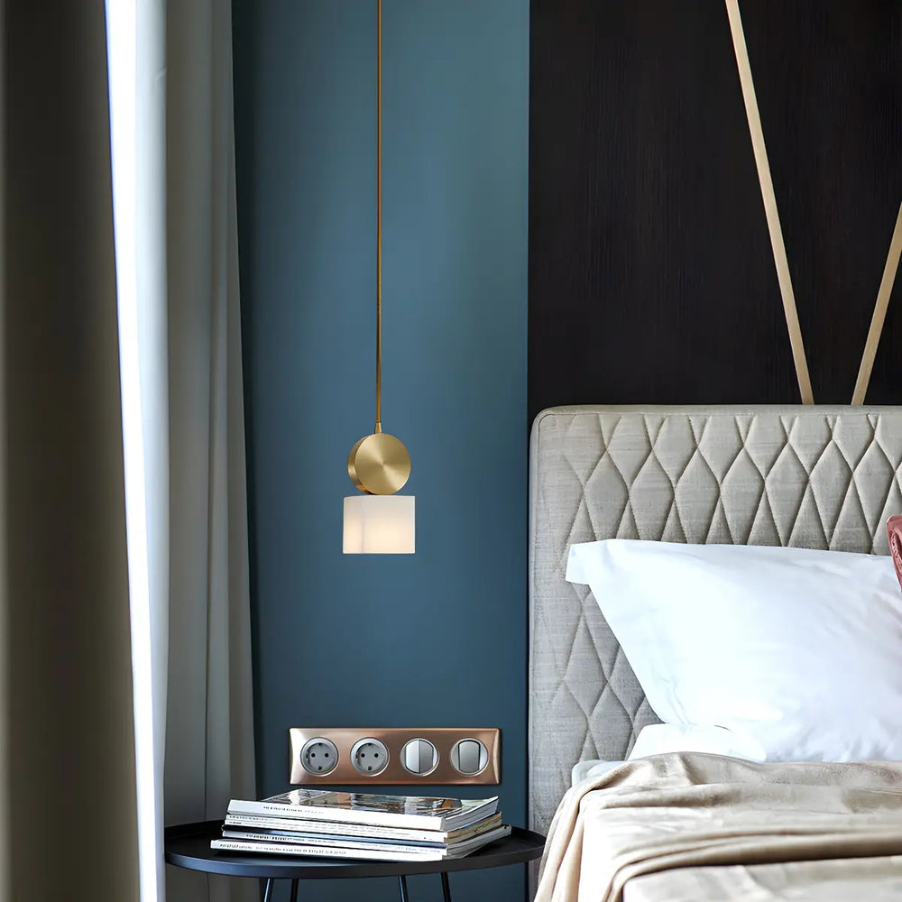 Contemporary Brass Alabaster Cube Bedroom Pendant Light