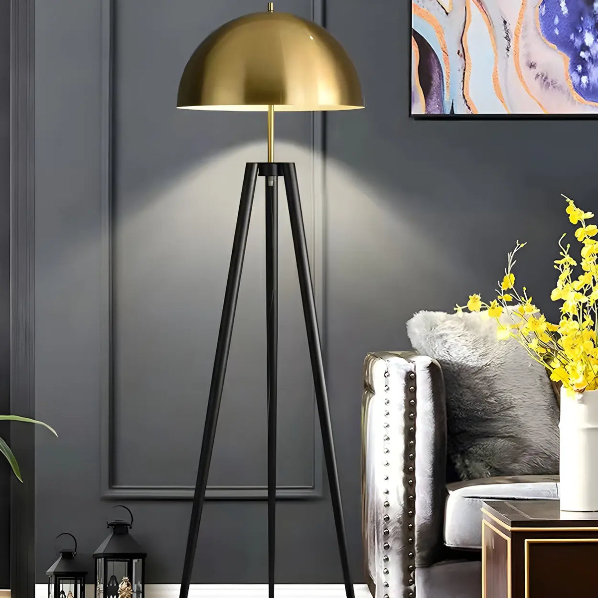 Contemporary Dome Brass Tripod Metal Floor Lamp