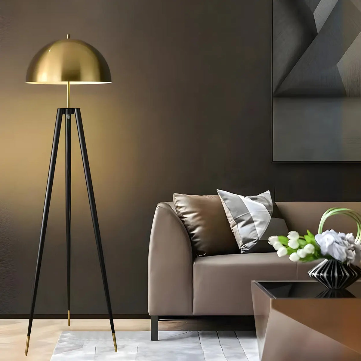 Contemporary Dome Brass Tripod Metal Floor Lamp