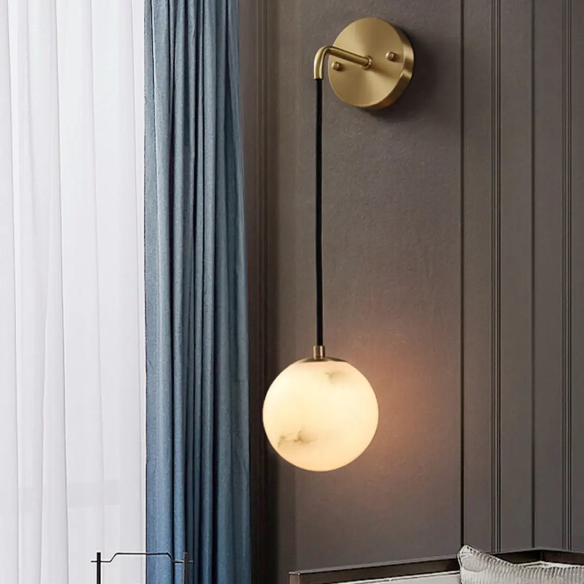 Contemporary Globe White Alabaster Brass Wall Lamp