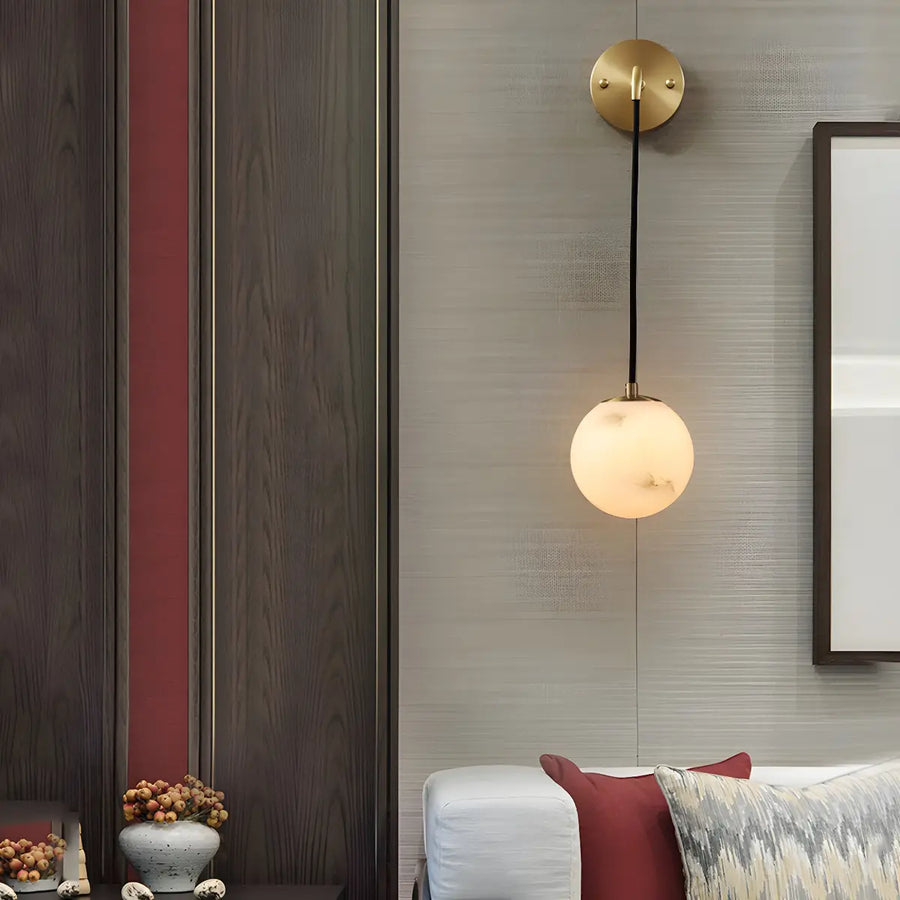 Contemporary Globe White Alabaster Brass Wall Lamp