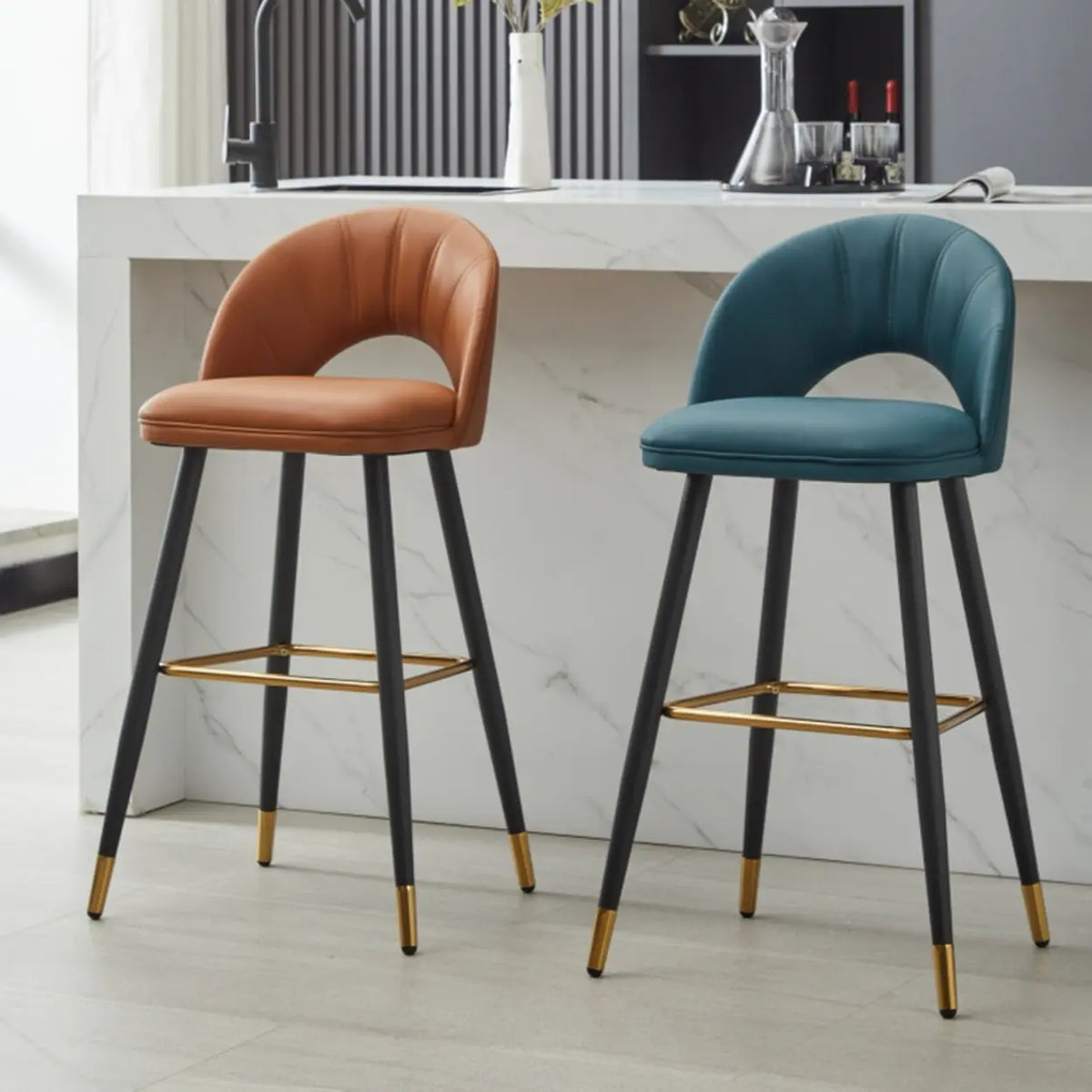 Contemporary Leather Curved Back Bar Stool with Metal Legs