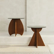 Contemporary Round Glass Walnut Wood Abstract Base Side Table
