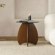 Contemporary Round Glass Walnut Wood Abstract Base Side Table