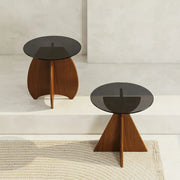 Contemporary Round Glass Walnut Wood Abstract Base Side Table