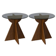 Contemporary Round Glass Walnut Wood Abstract Base Side Table