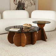 Contemporary Round Glass Walnut Wood Abstract Base Side Table