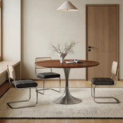 Contemporary Small Metal Base Round Brown Wood Dining Table