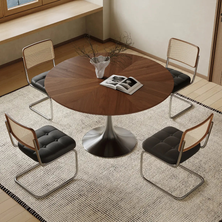 Contemporary Small Metal Base Round Brown Wood Dining Table